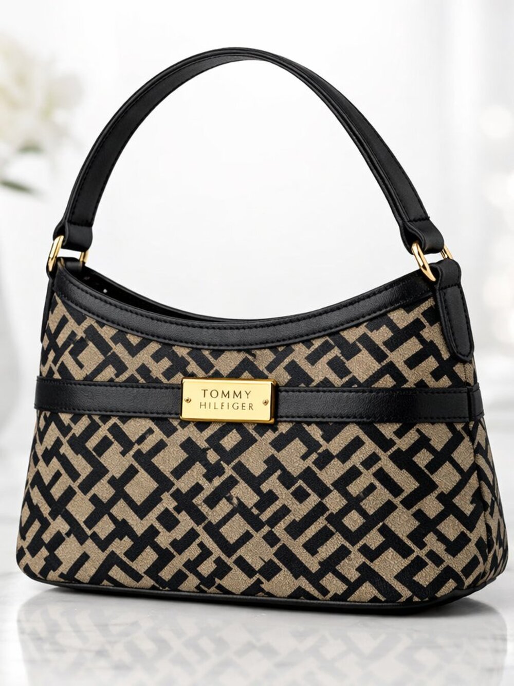 Tommy Hilfiger Black Beige Geometric Shoulder Bag Gold Hardware Small Purse